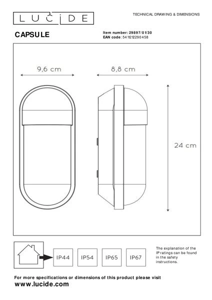 Lucide CAPSULE - Applique murale Intérieur/Extérieur - 1xE27 - IP54 - Noir - technique